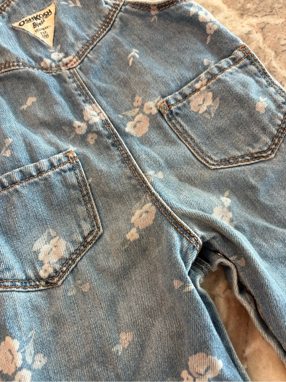 Osh Kosh Baby Girls Denim Overall Jeans Flower Print Snap Close Size 9-12 M